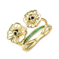 14K Gold plated Skull Sunflower 925 Sterling Silver Ring