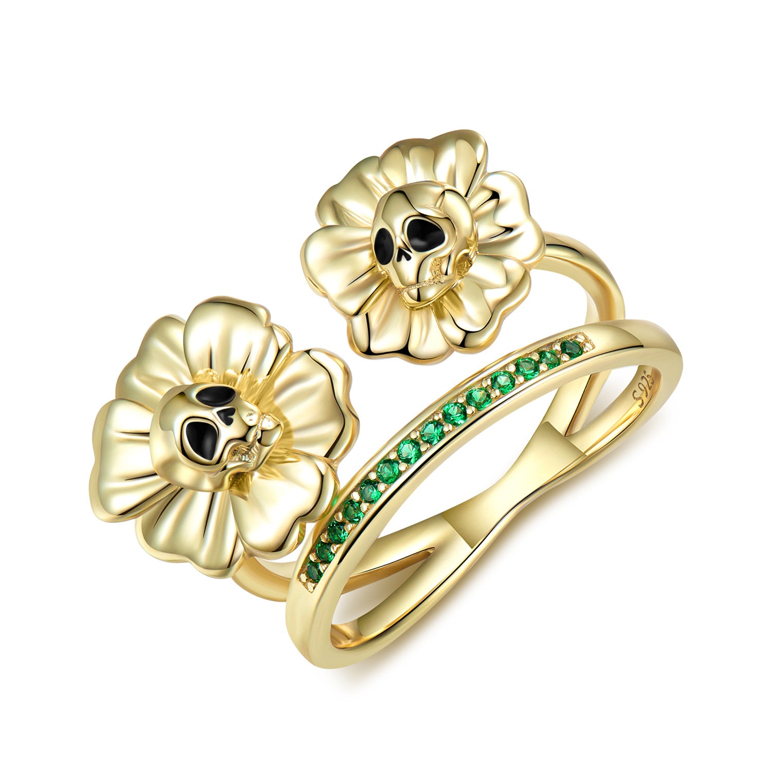14K Gold plated Skull Sunflower 925 Sterling Silver Ring